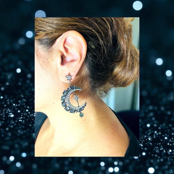 Celestial Moon & Star Dangle Earrings Rhinestone Silver-Tone Statement Jewelry - Picture 1 of 6